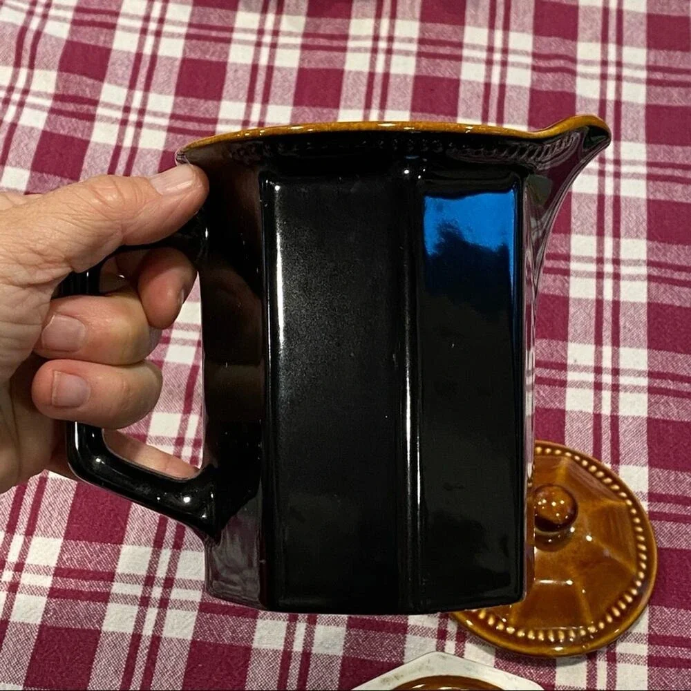 VTG Sears Octagon Amber‎ 3-Piece Set Pitcher, Lidded Sugar Bowl Pattern 4567 USA